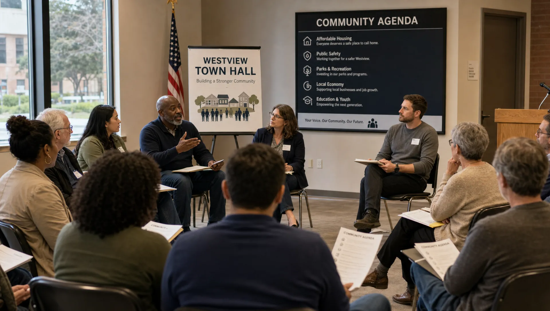 A diverse group of adult citizens seated in a town hall, listening to one another with printed policy notes, open notebooks, and a community agenda board at the front of the room.