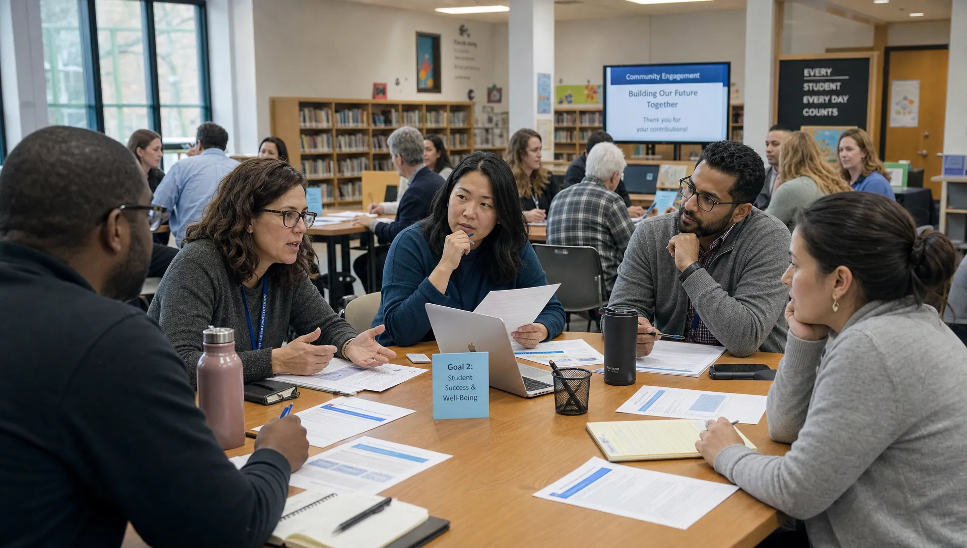 A diverse group of adult parents, teachers, researchers, and community members sitting in a school library around shared tables, reviewing printed education proposals and discussing ideas together in a calm public deliberation setting.