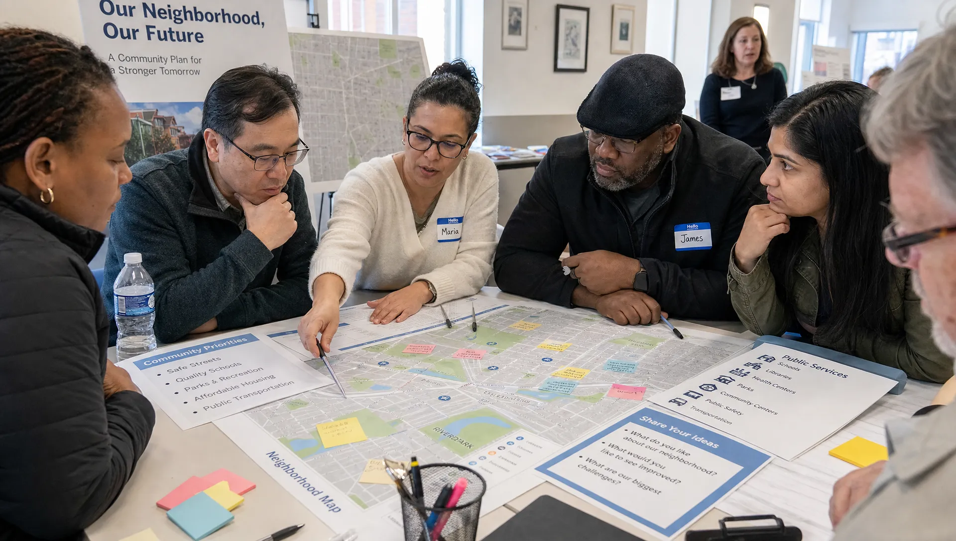 A diverse group of adult residents gathered around a large neighborhood map on a community table, discussing streets, schools, parks, and public services with sticky notes and printed documents spread out in front of them.