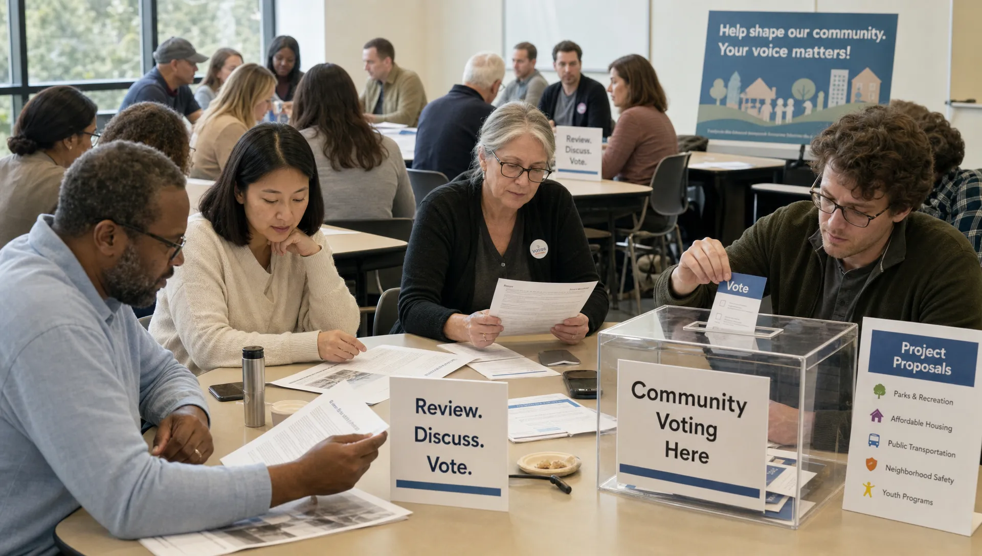 A diverse group of citizens seated around tables in a public meeting space, reviewing printed policy proposals and placing cards into transparent boxes for community voting.