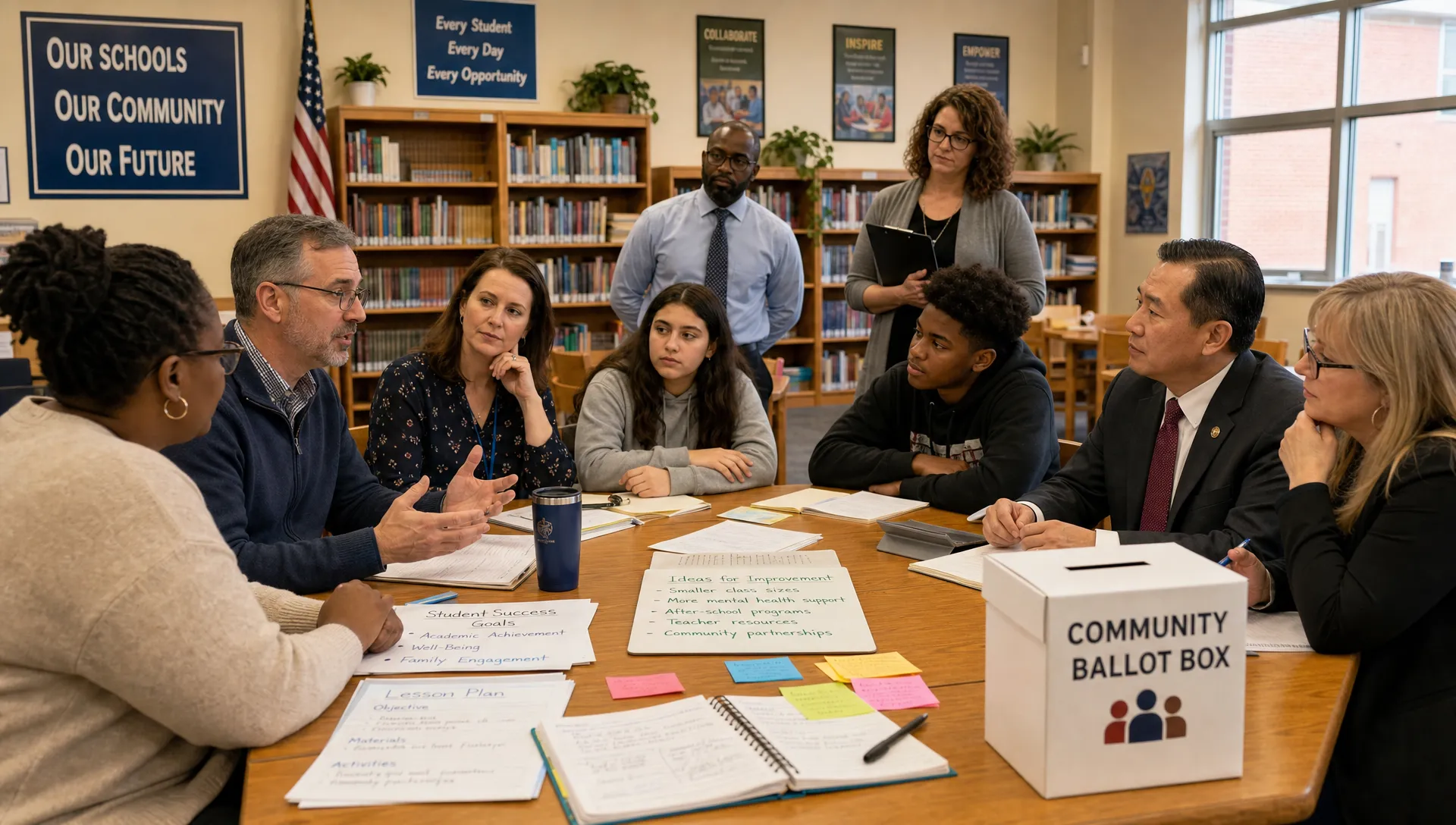 A diverse group of parents, teachers, students, and local officials gathered around a school library table with notes, lesson plans, and a community ballot box, discussing education reform together.