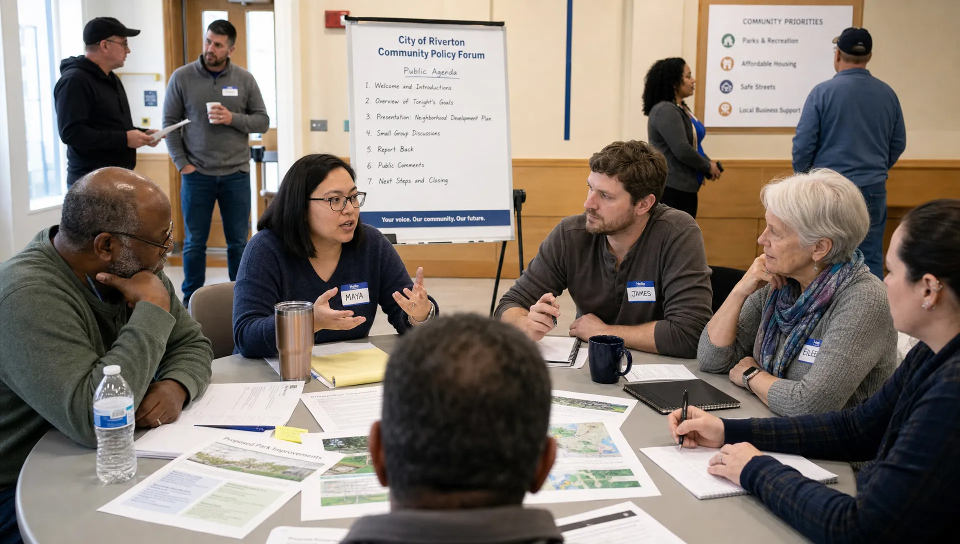A diverse group of residents standing around a shared table in a community hall, discussing local policy proposals with printed documents, notebooks, and a visible public agenda board behind them.