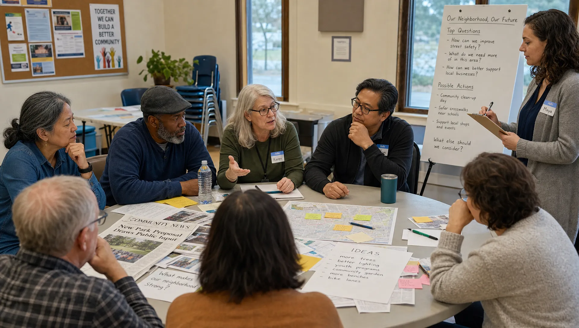 A group of adult citizens standing around a round table with newspapers, policy notes, community maps, and handwritten ideas, discussing a local issue while a facilitator records shared questions and possible actions on a clipboard.