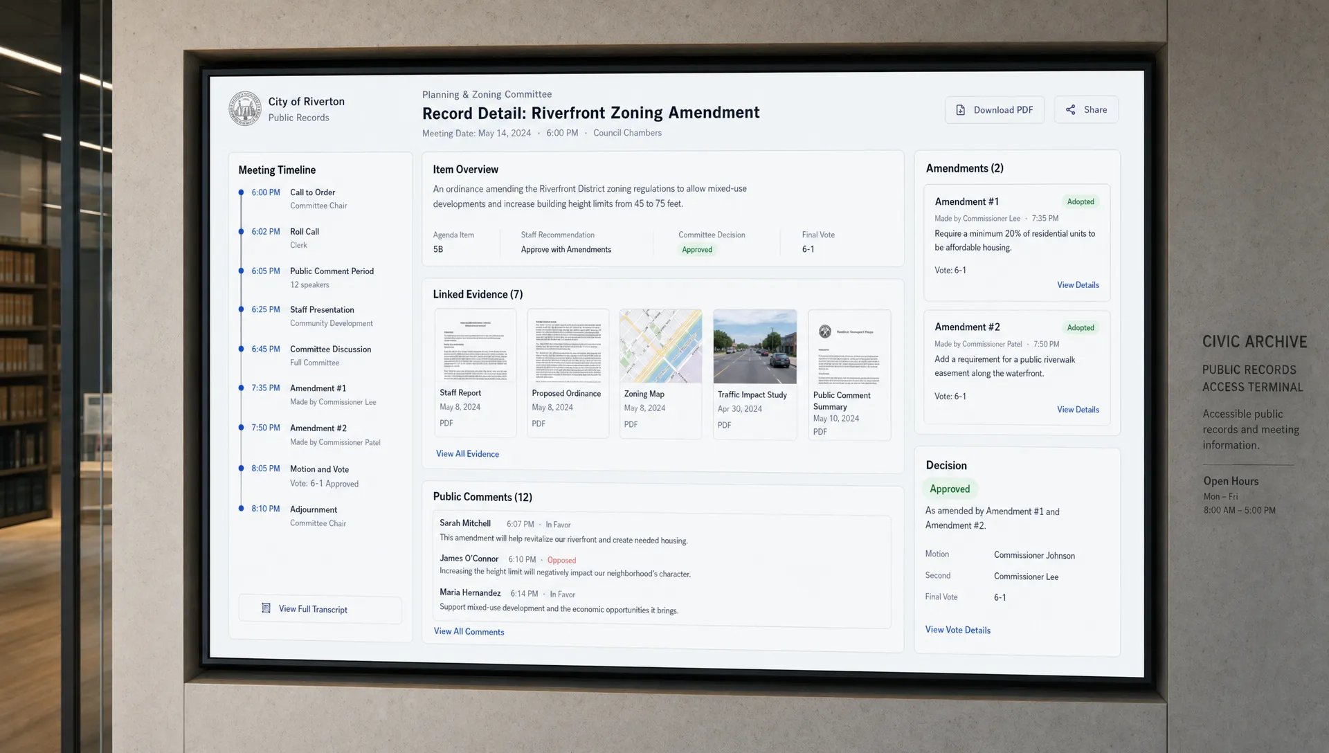 A public committee record interface shown on a wall-mounted dashboard in a civic archive, with a meeting timeline, linked evidence, public comments, amendments, and decision status arranged as a clear record of public reasoning.