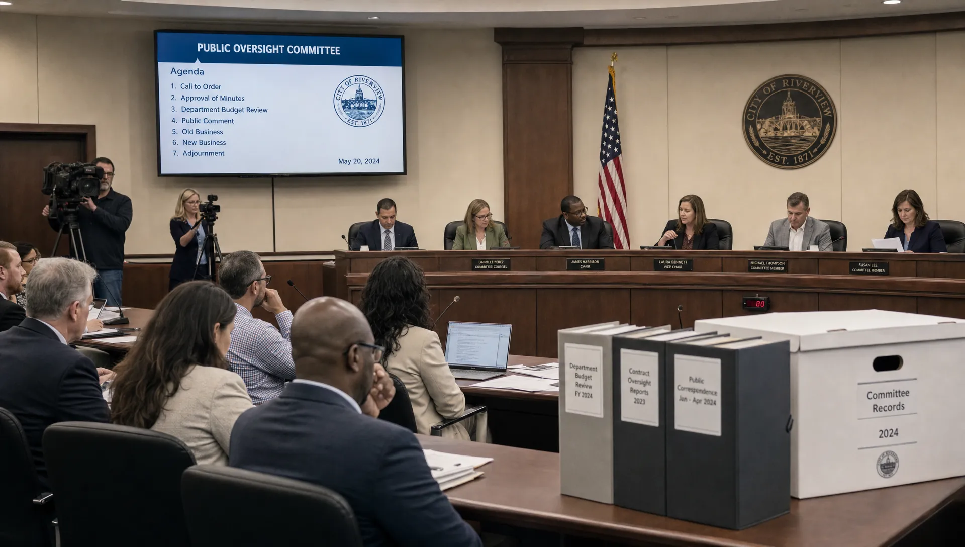 A public committee room with citizens, journalists, and civil servants reviewing documents around a hearing table, a visible agenda board, and organized records connected to the discussion.
