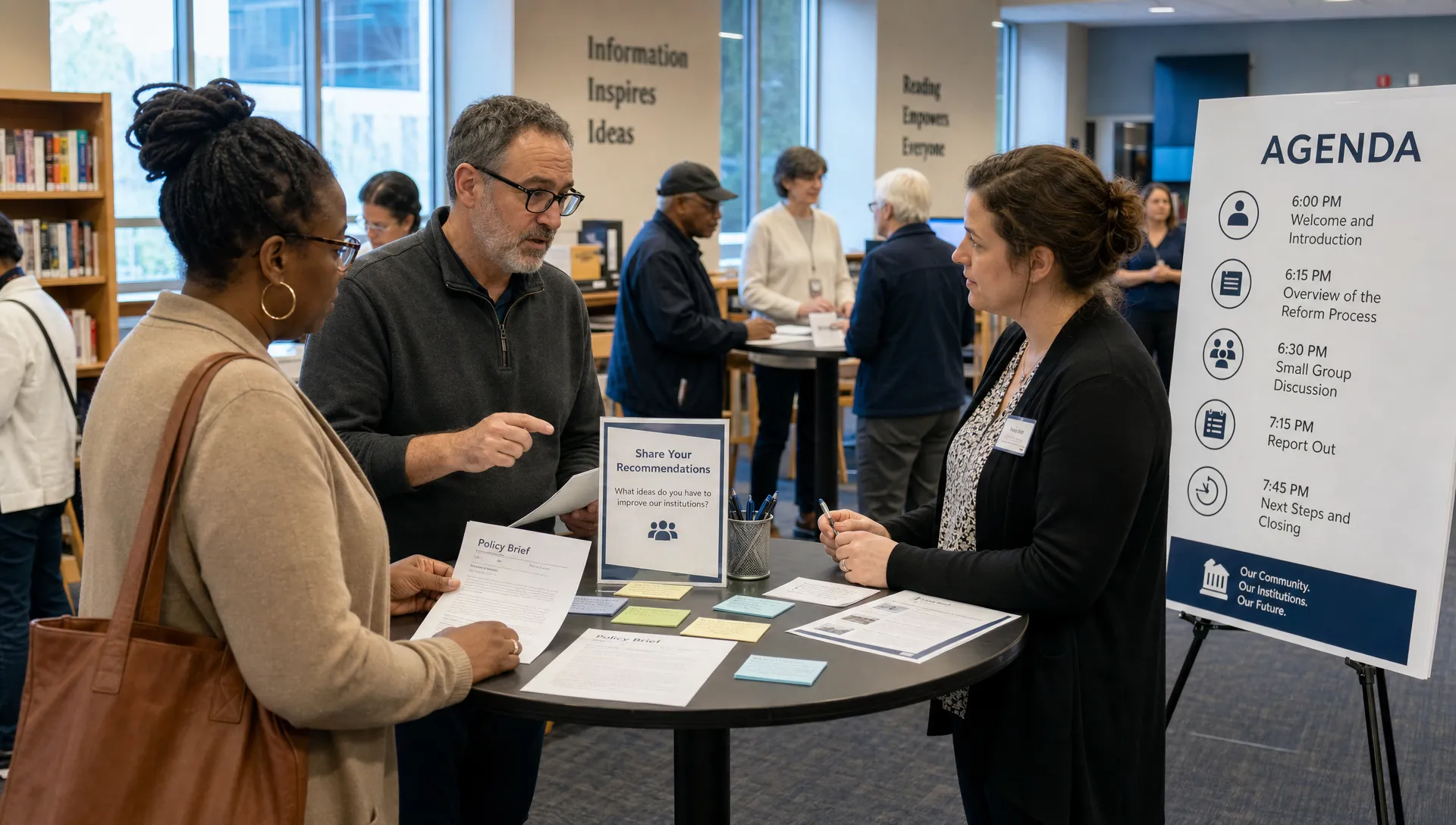 A small group of adult citizens gathers around standing tables in a public library room, with printed policy briefs, note cards, and a visible agenda board as facilitators collect recommendations for a local institution reform process.