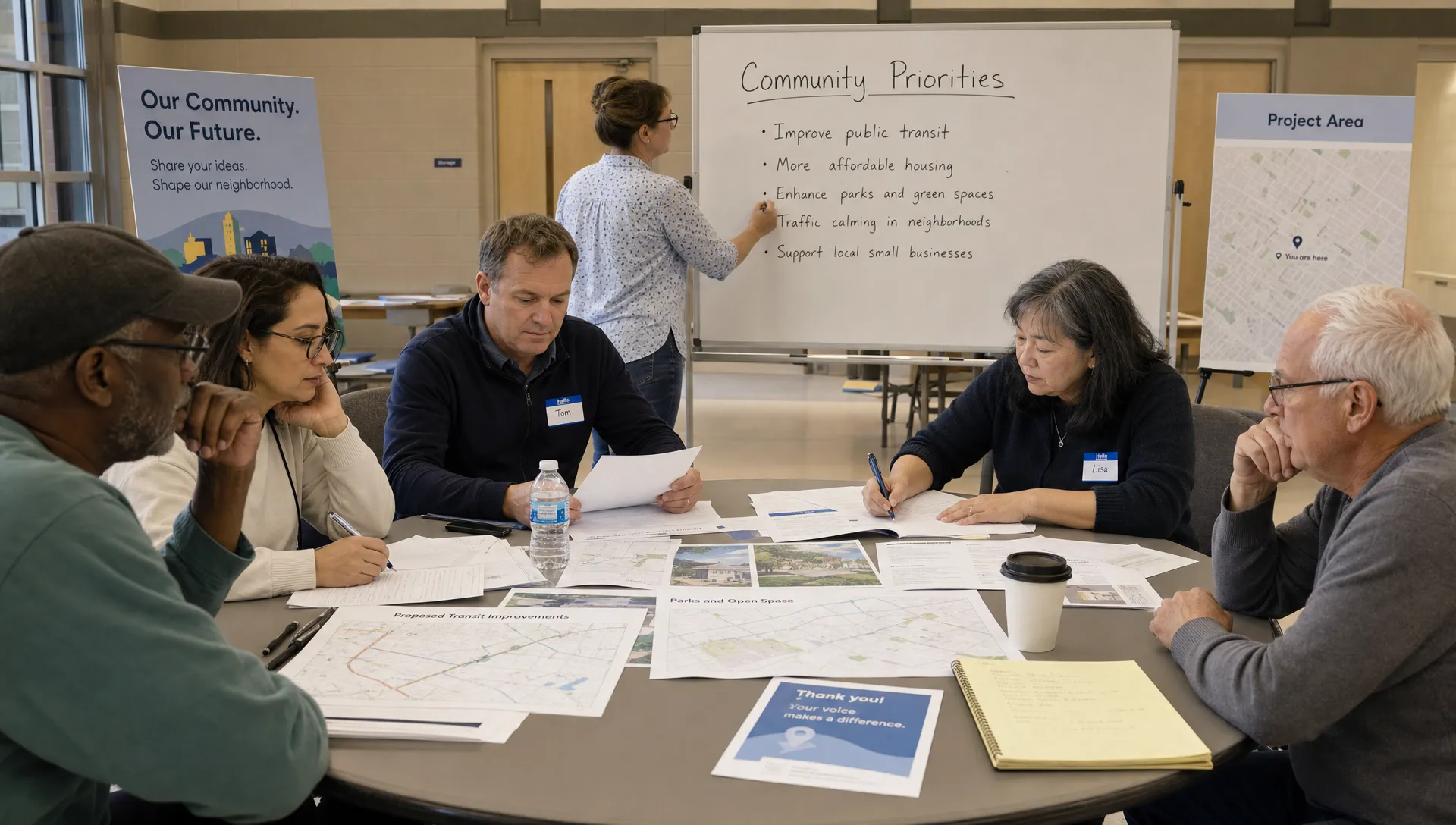 Adult citizens seated around a circular table in a community center, reviewing printed public documents, service maps, and handwritten notes while a facilitator records shared recommendations on a board behind them.