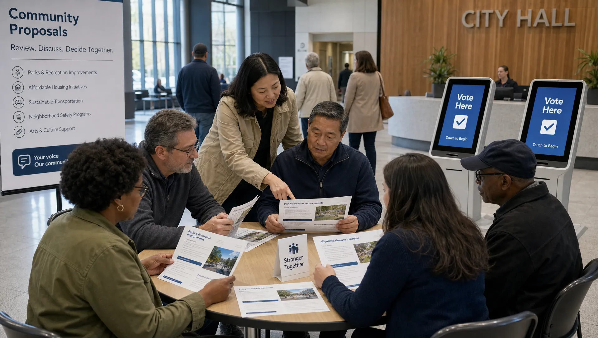 Adult residents gathered around a community table reviewing printed civic proposals, with a public building in the background and digital voting kiosks nearby.