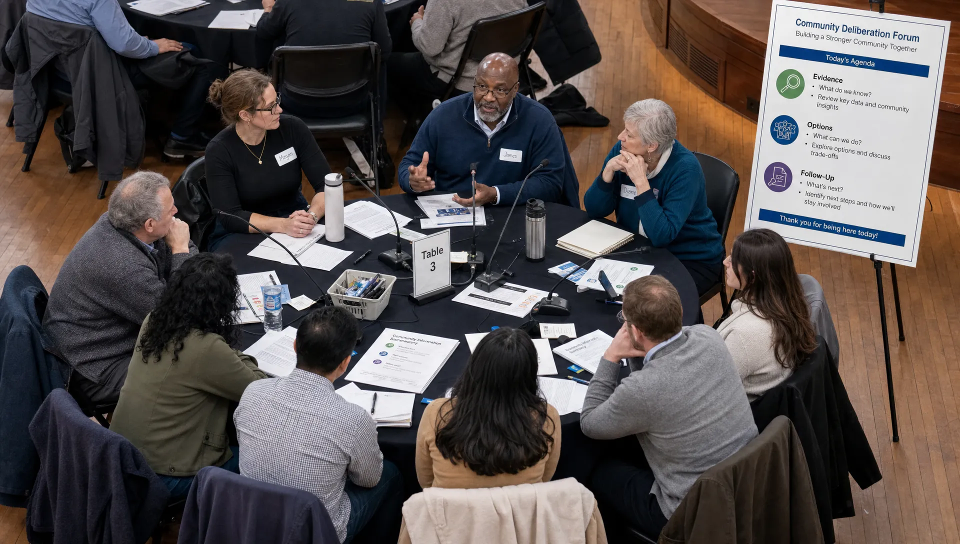 An overhead view of a public deliberation forum with adult citizens gathered around a community table, printed policy documents, microphones, and a visible agenda board showing evidence, options, and follow-up steps.