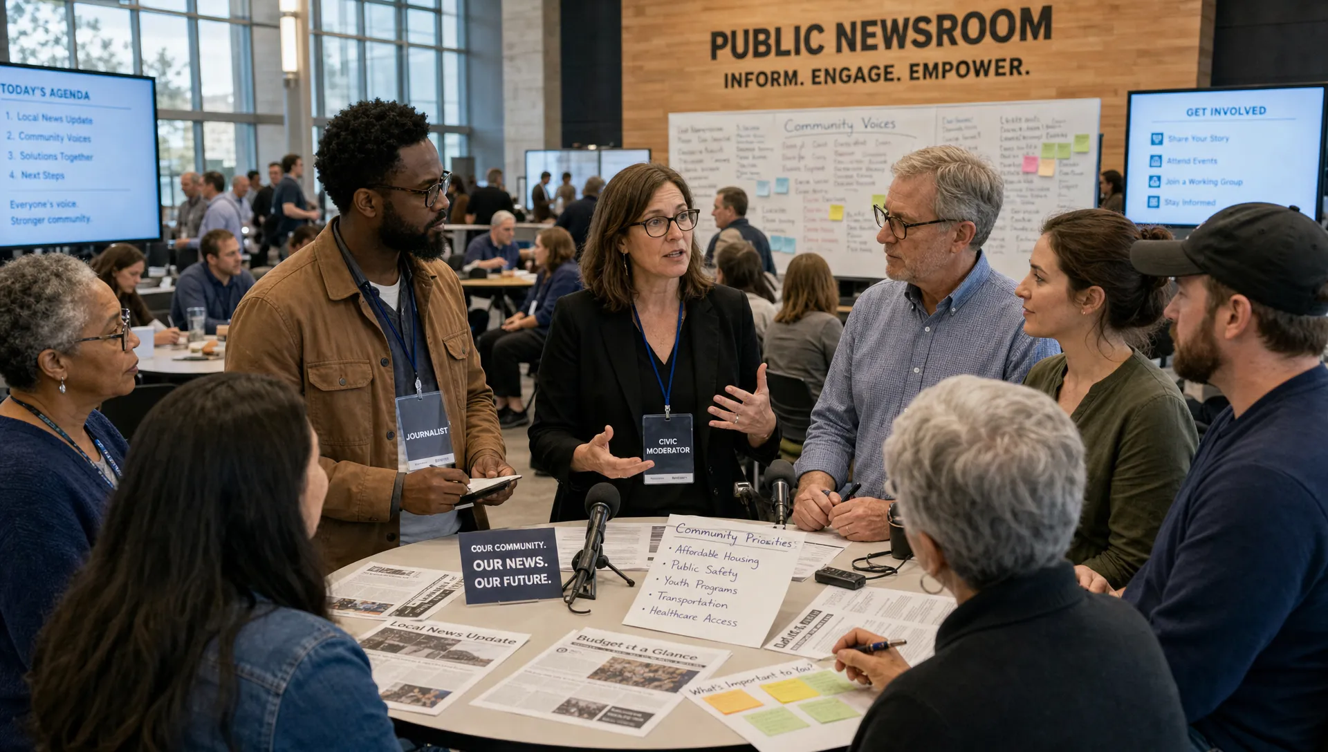 Citizens, journalists, and civic moderators gathered in a public newsroom hall around a standing table with printed reports, microphones, and community notes, representing public news becoming structured democratic dialogue.