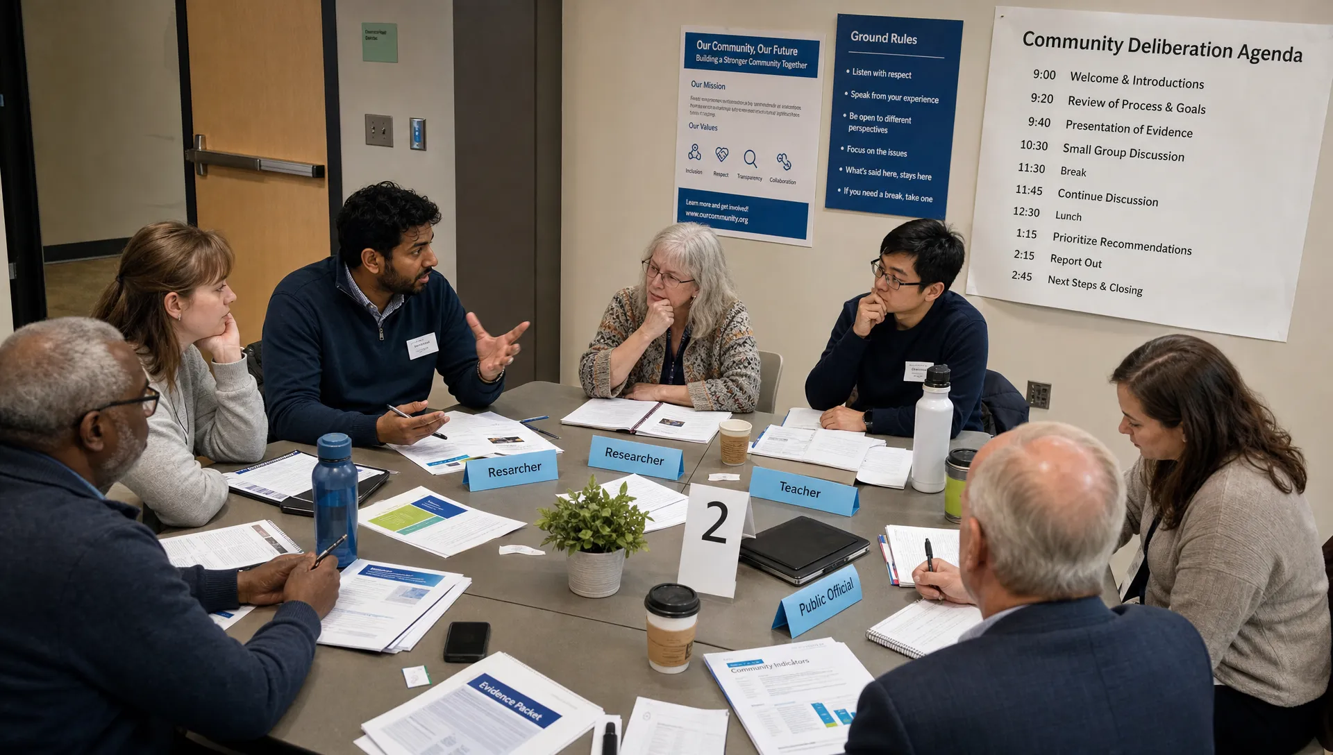Citizens, researchers, teachers, and public officials seated around a community deliberation table with printed evidence packets, notebooks, and a shared public agenda on the wall, seen from a slightly overhead angle in a quiet indoor setting.