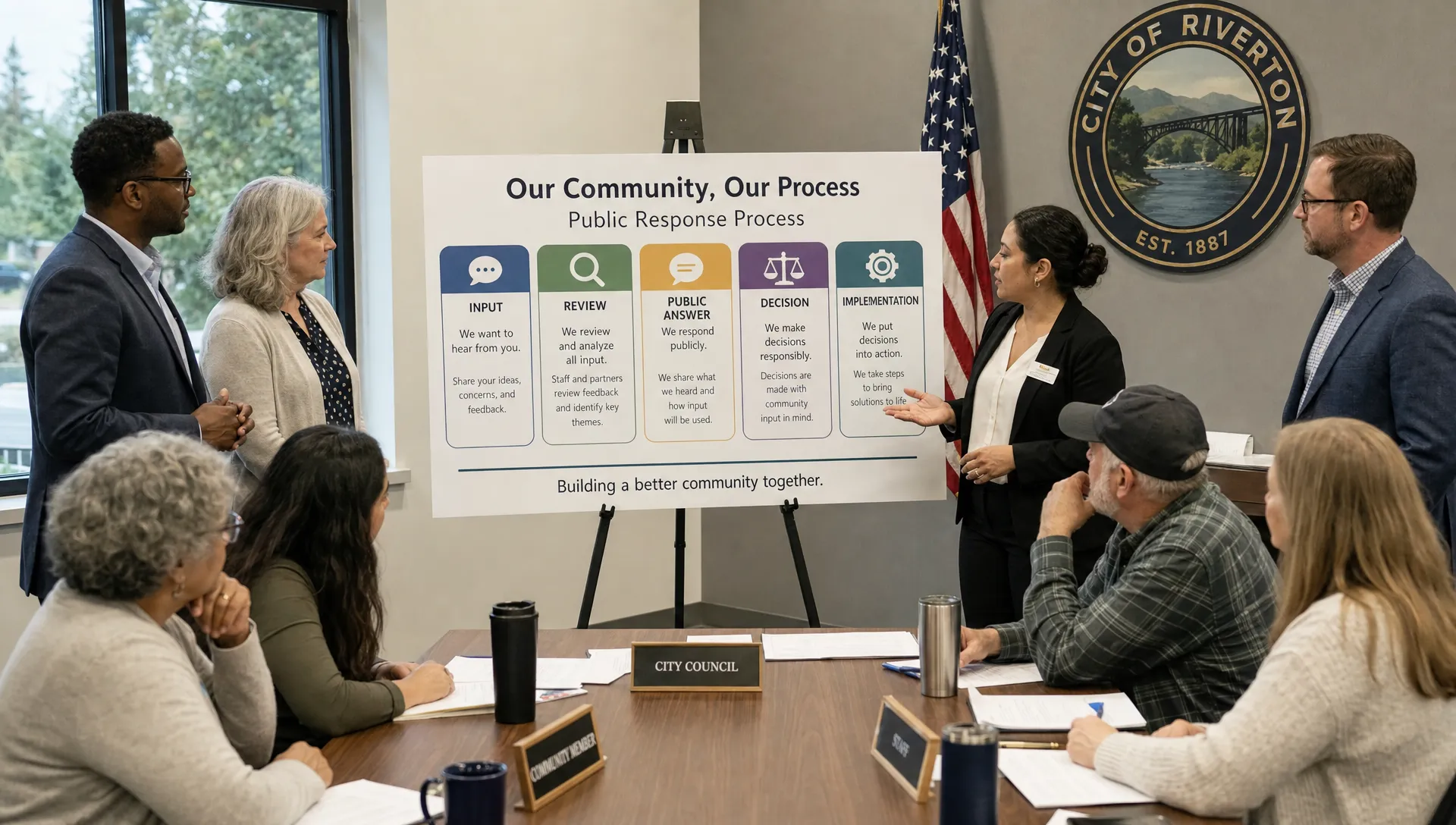 Residents, public officials, and community organizers standing around a civic meeting table with a visible public response board showing stages labeled input, review, public answer, decision, and implementation.