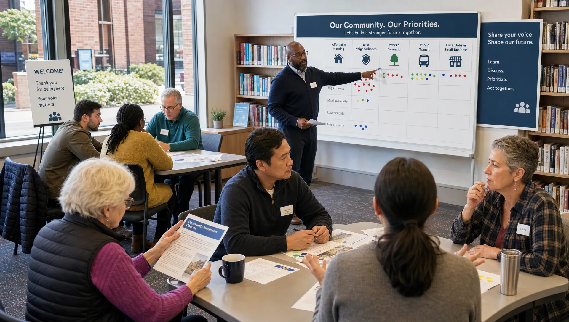 Residents stand in a neighborhood library room reviewing local policy papers at small tables, while a facilitator points to a shared priorities board and neighbors discuss tradeoffs face to face.