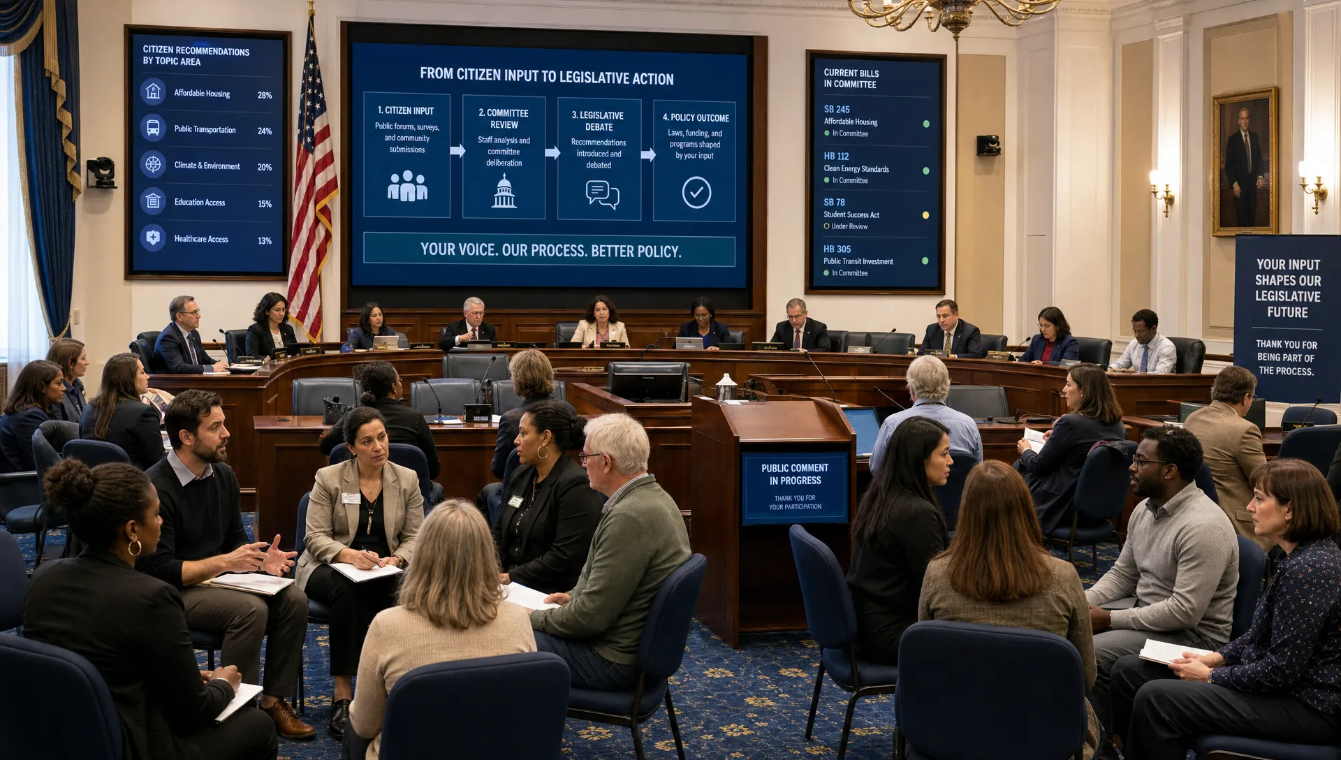 Wide interior scene inside a parliamentary committee room with a chamber table in the center, several adult citizens seated in small discussion circles around the perimeter, and microphones, documents, and public data panels showing how citizen recommendations enter legislative debate. The setting should feel formal and transparent, with the committee process and civic input as the main focus rather than any single person.