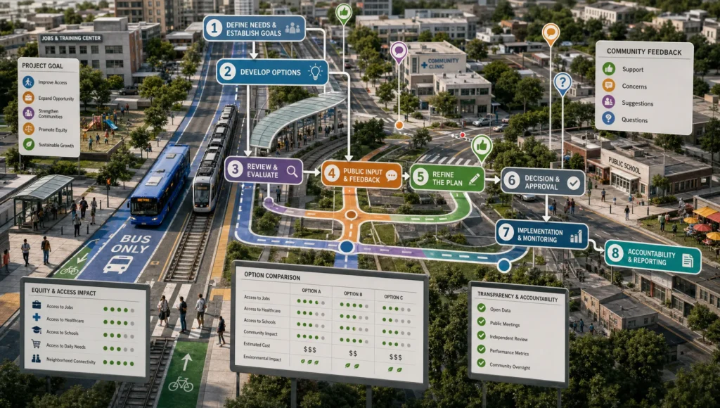A city transit network connects with public feedback and decision checkpoints across the streets.