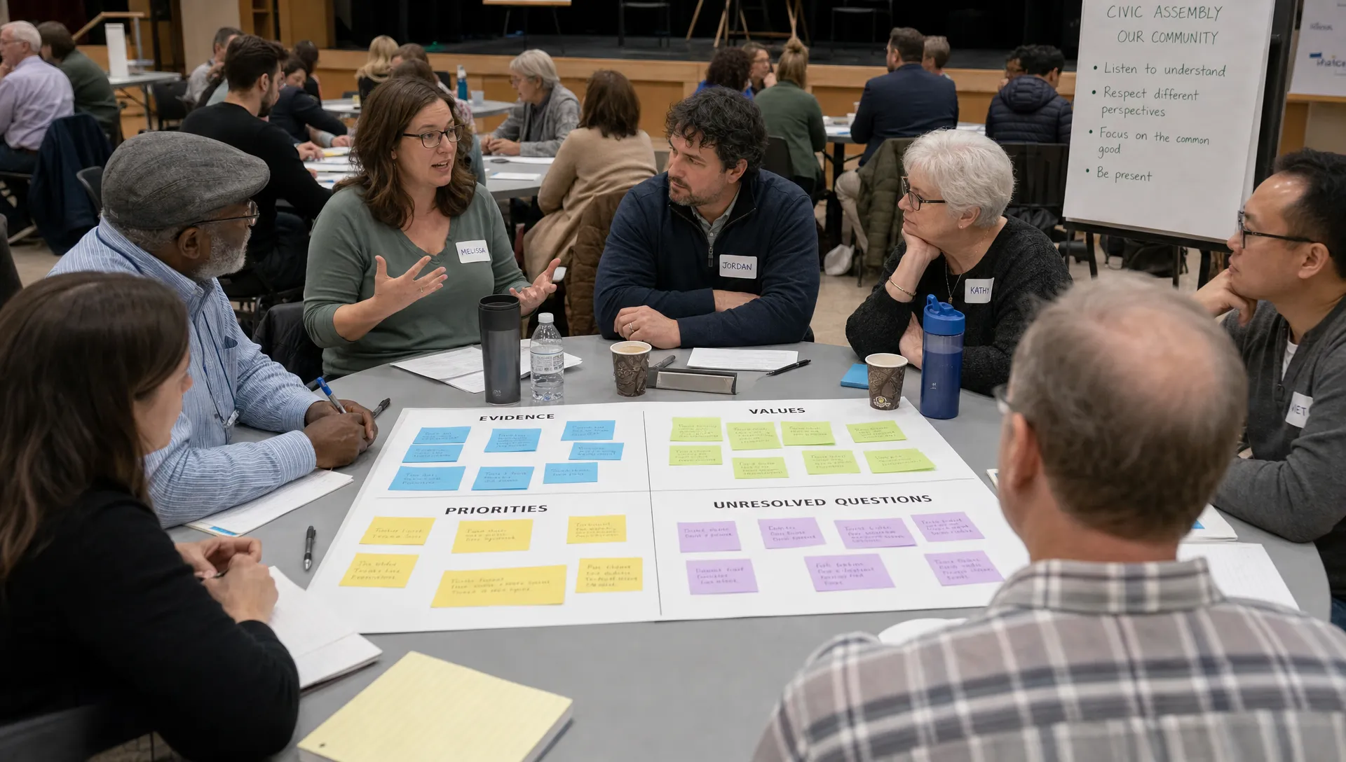 A civic assembly table with adult citizens discussing policy notes organized into clear themes such as evidence, values, priorities, and unresolved questions.