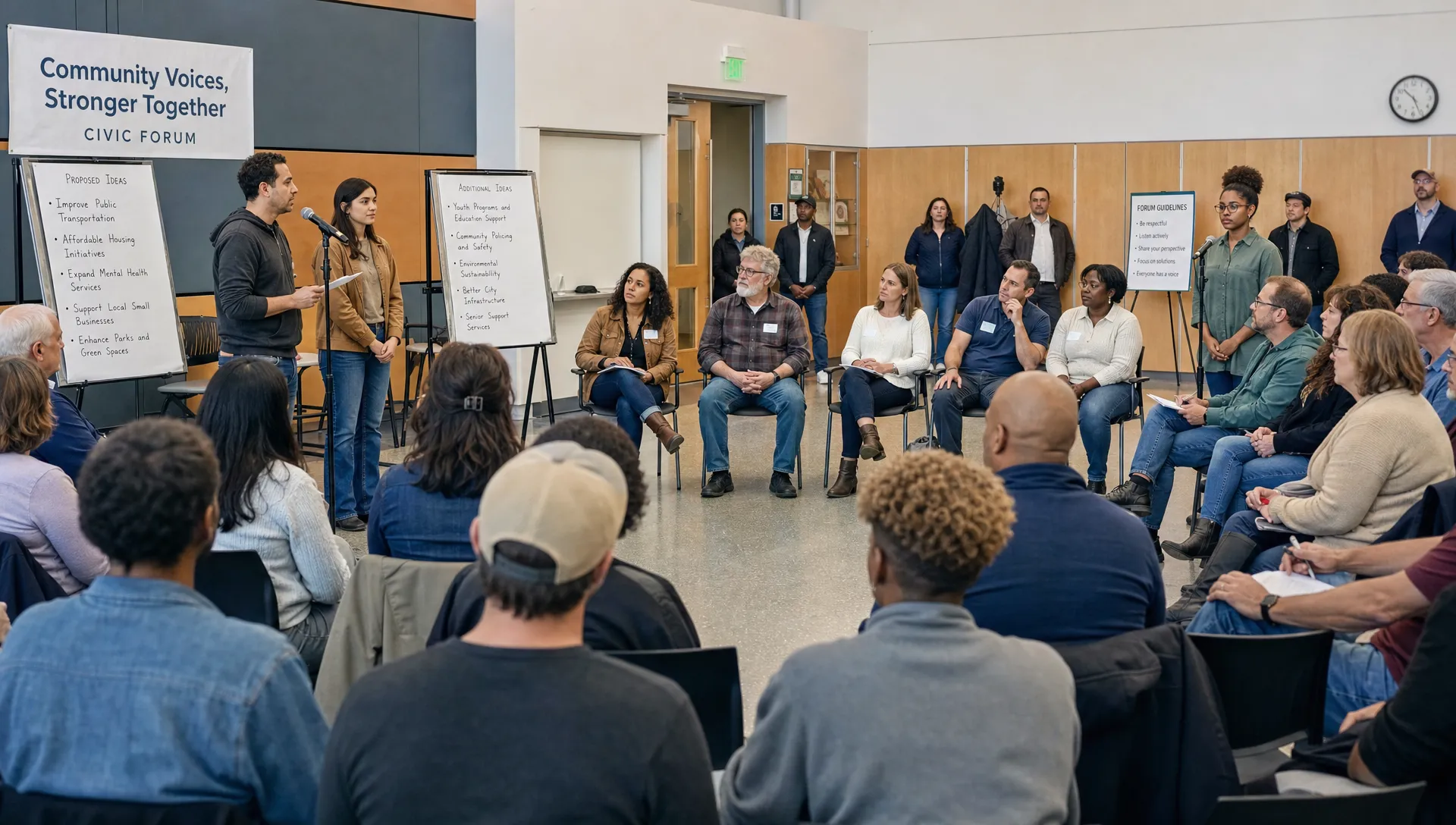 A civic forum in a public hall with citizens seated in a circle, several people waiting to speak at open microphones, written proposals on boards, and observers at the back.