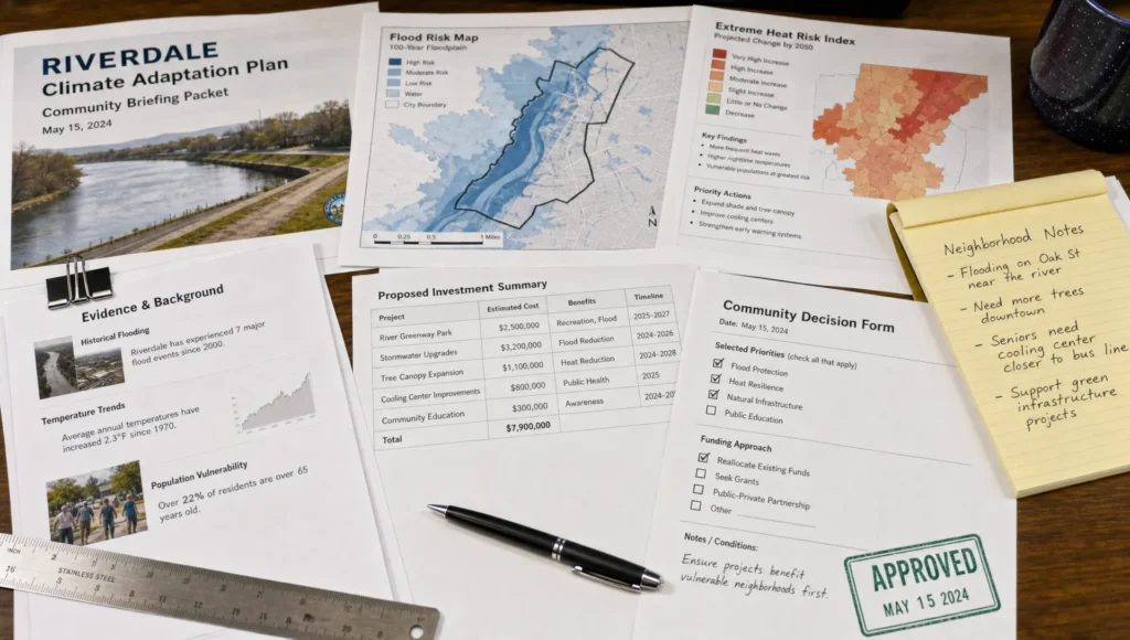 A climate adaptation briefing packet shows flood maps, heat risks, budget notes, and a decision form on a table.