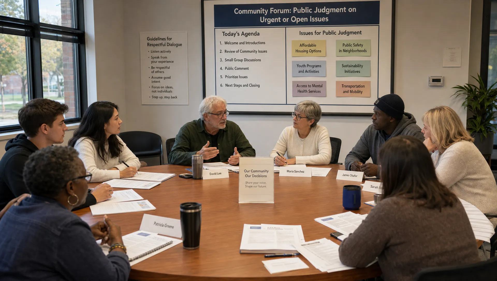 A community forum room with a circular table, briefing papers, and an agenda board for public judgment on urgent or open issues.