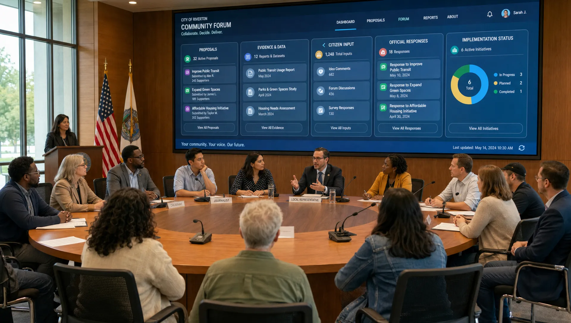 A community forum where residents, civil servants, journalists, and local representatives sit around a circular table while a large public dashboard faces the room, showing sections for proposals, evidence, citizen input, official responses, and implementation status.