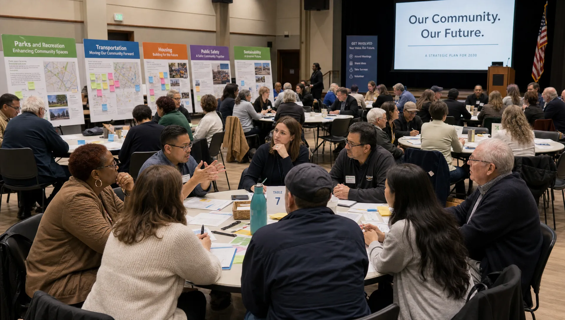 A diverse community assembly in a public civic hall, with residents seated in small discussion groups around round tables, facilitators taking notes, and public policy materials displayed on shared boards behind them. The scene shows thoughtful civic participation, deliberation, and collaboration between citizens and local officials.