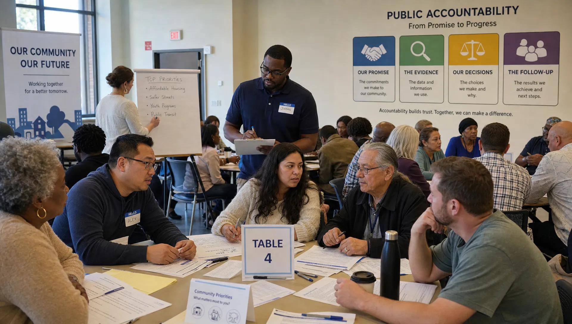 A diverse community assembly in a public hall, with citizens seated around several tables reviewing policy documents, facilitators collecting written recommendations, and a visible wall showing simple public accountability cards for promises, evidence, decisions, and follow-up.