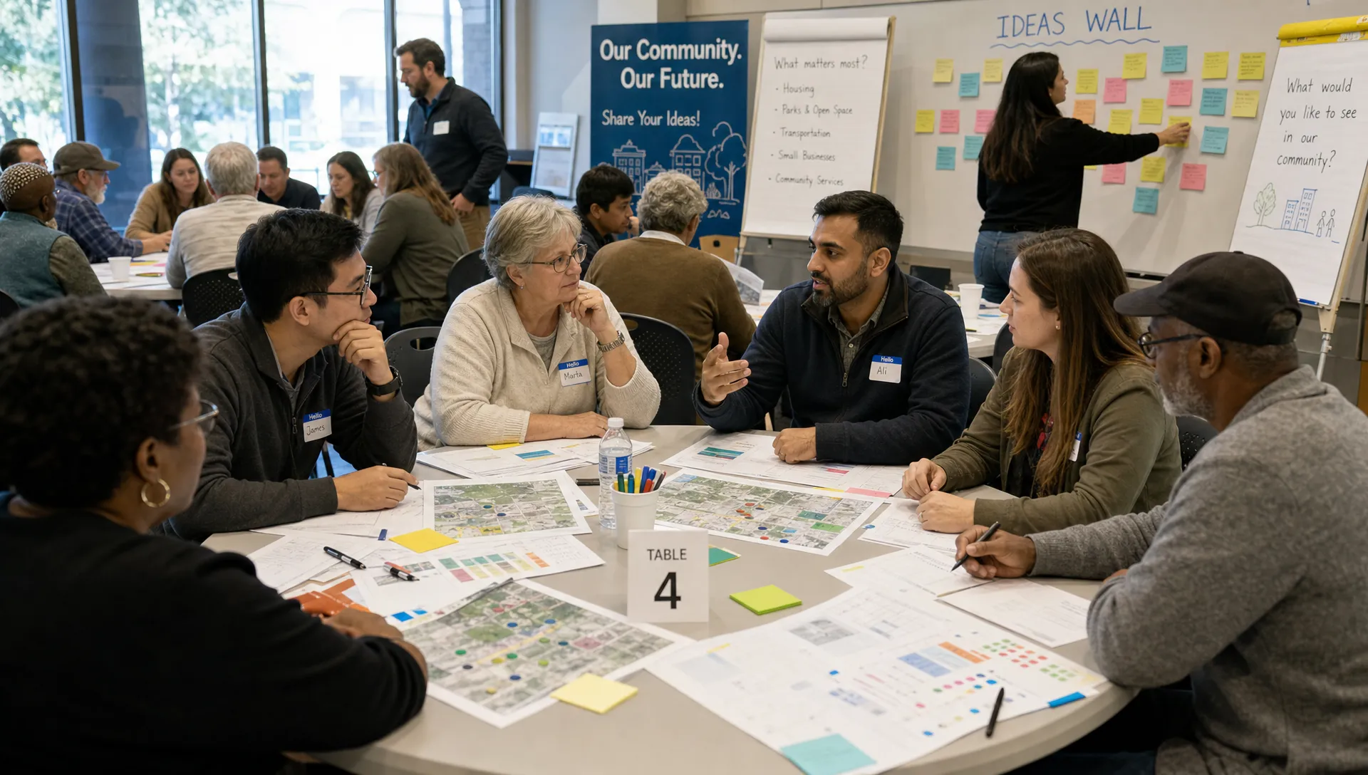 A diverse community group gathered around tables in a public meeting room, reviewing printed proposals and using civic participation tools while facilitators organize notes on a wall.