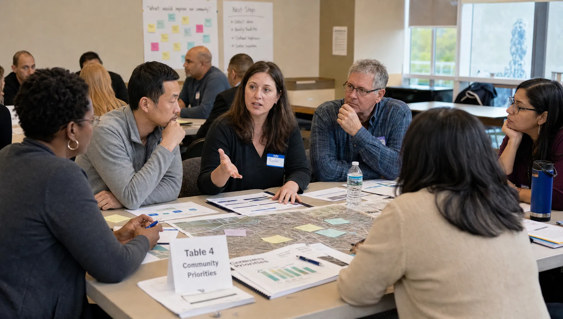 A diverse group of adult citizens gathered around a public meeting table with printed evidence packets, notes, and community maps, discussing civic priorities in an open and collaborative setting.