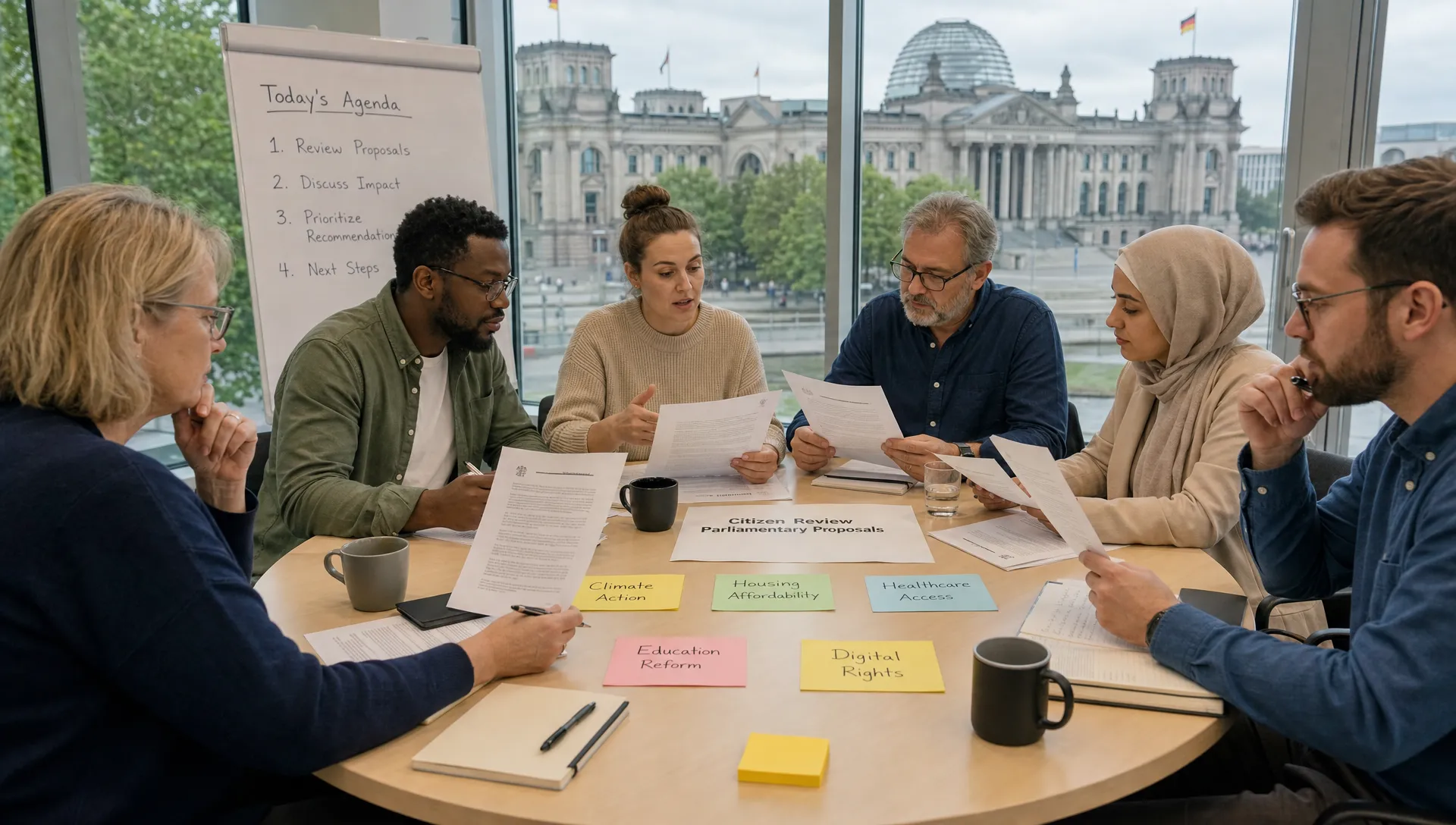 A diverse group of adult citizens seated around a round discussion table reviewing printed parliamentary proposals, with a parliament building visible outside and notes organized by topic on the table.