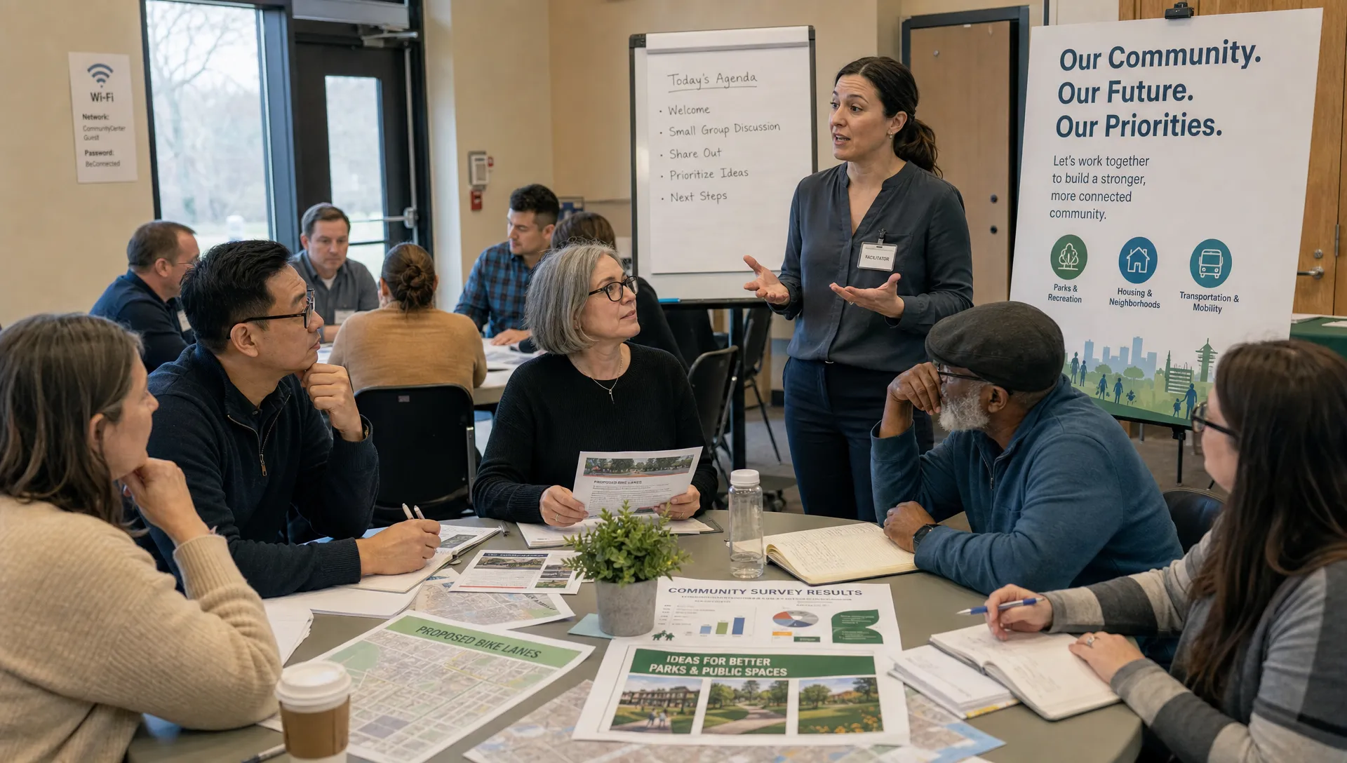 A diverse group of adult citizens sits around tables in a public meeting space, reviewing printed civic proposals, maps, and notebooks while a facilitator leads a discussion on local policy priorities.