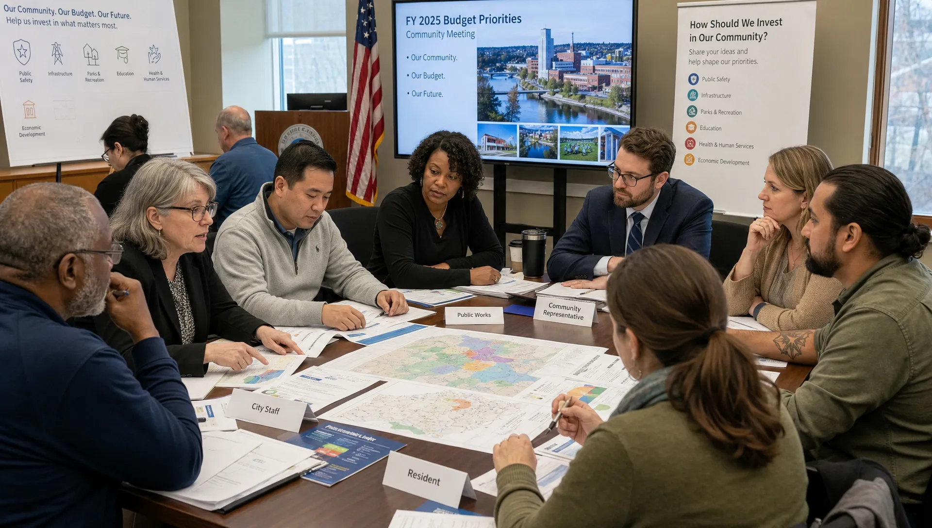 A diverse group of citizens, public officials, engineers, teachers, and community representatives seated around a large table reviewing printed budget maps, service diagrams, and public spending options in a civic meeting room.