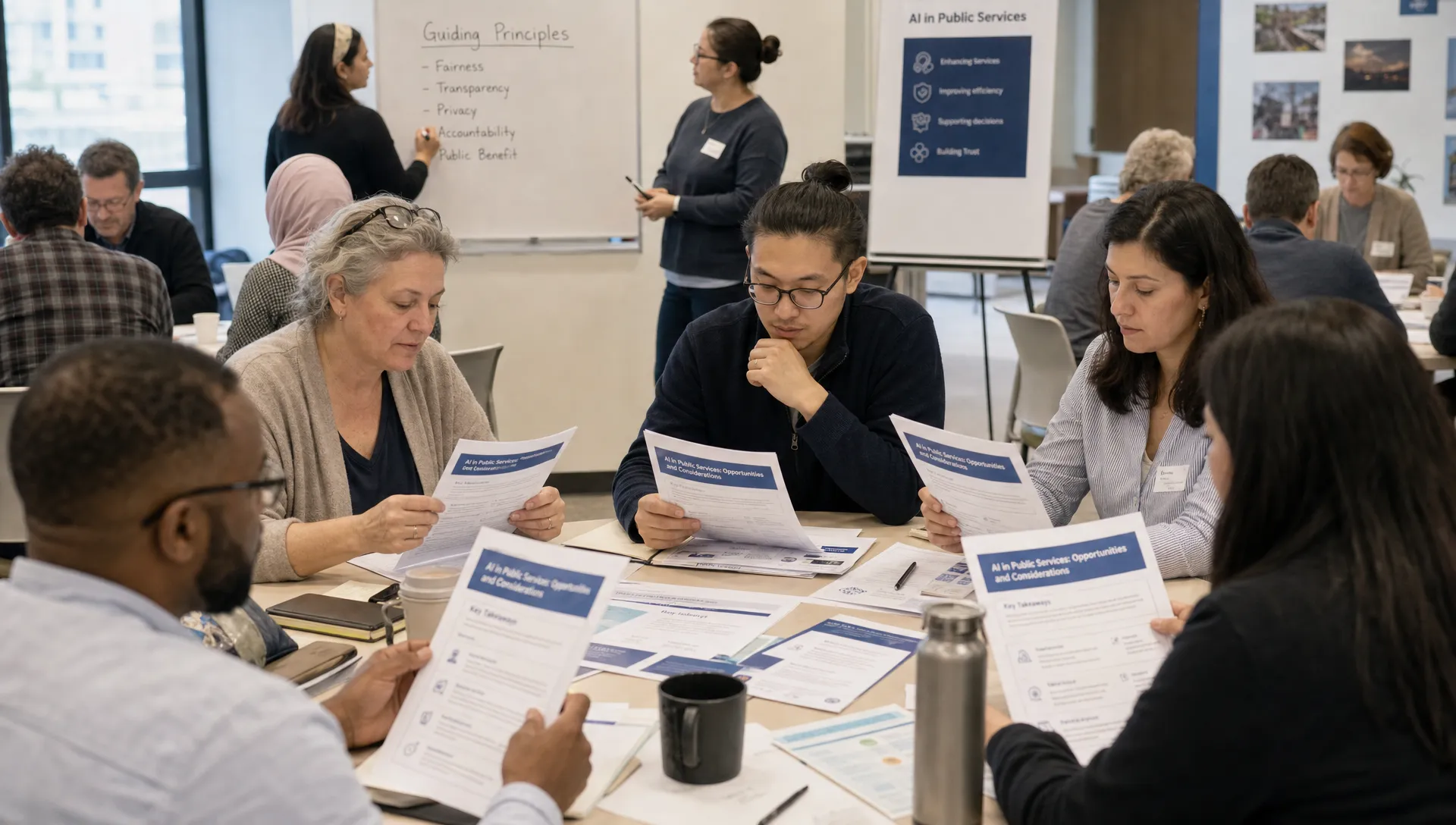 A diverse group of citizens reviews printed policy summaries on AI use in public services while facilitators take notes on a board.