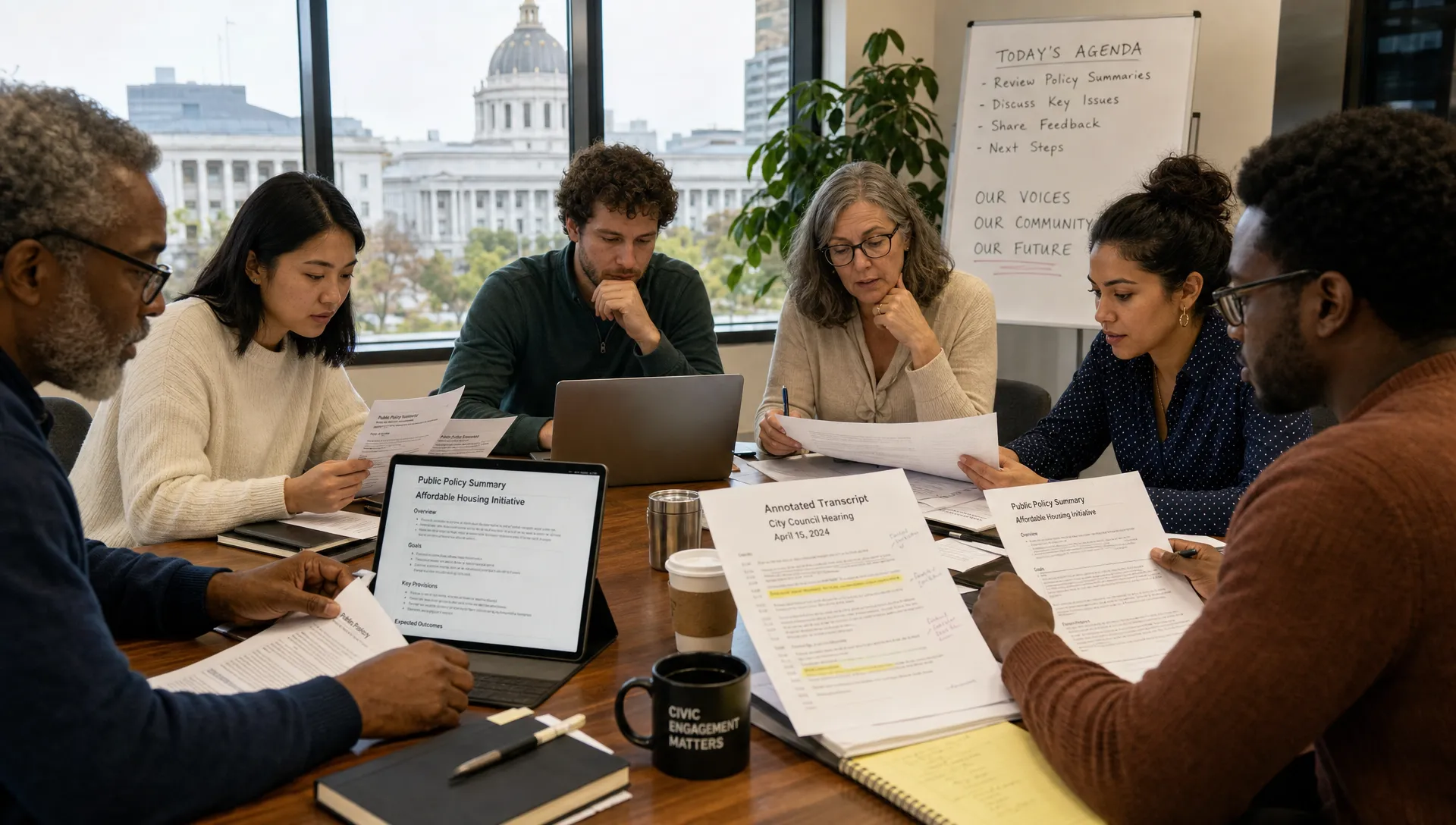 A diverse group of citizens reviews public policy summaries and annotated transcripts around a community table, with a civic building visible through the windows.
