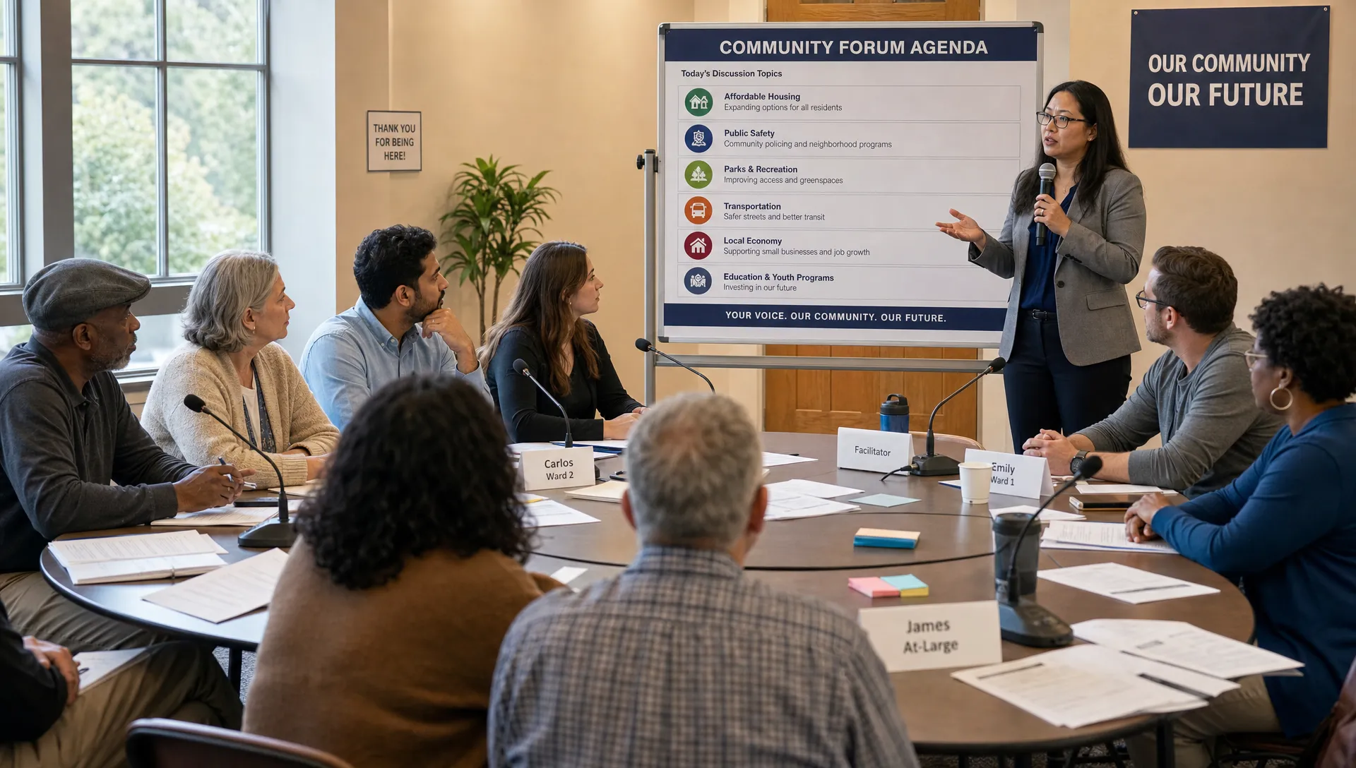 A diverse group of citizens sits in a circular community forum with documents, microphones, and note cards on tables, while a facilitator stands beside a public agenda board showing several policy topics under discussion.