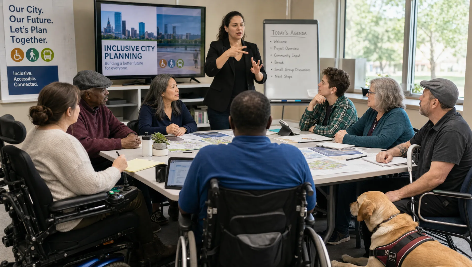 A diverse group of disabled and non-disabled residents sits around an accessible meeting table with policy materials, a sign language interpreter, mobility aids, and city planning documents.