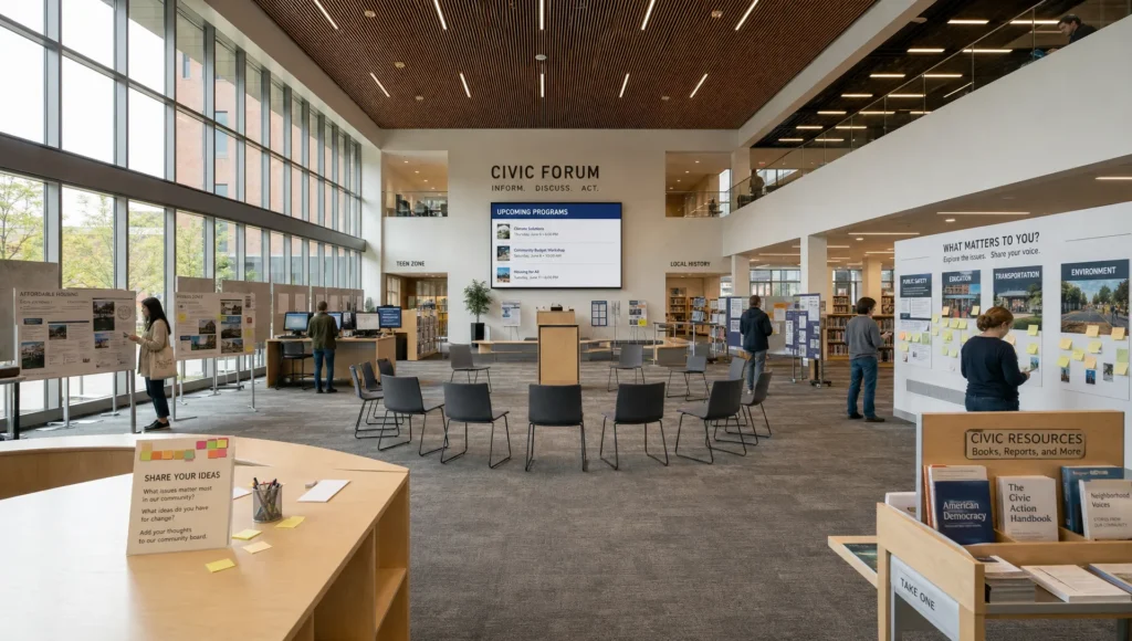 A library atrium set up for civic discussion shows issue displays, reading tables, and visitors moving between stations.