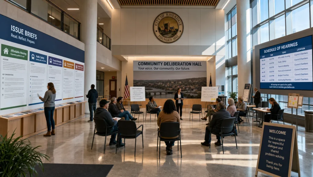 A municipal deliberation hall displays issue briefs, a hearing schedule, and an open floor for civic discussion.