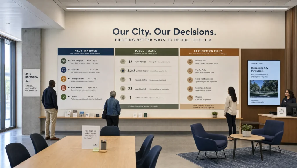 A municipal innovation room displays the schedule and rules for a civic participation pilot.