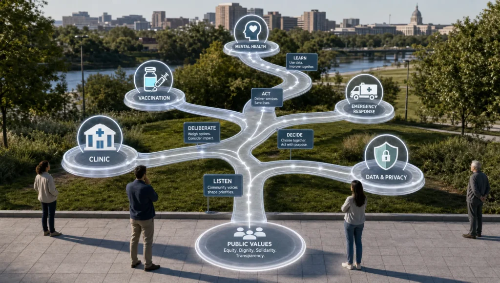 A public health decision path connects clinics, mental health support, emergency readiness, and data safeguards.