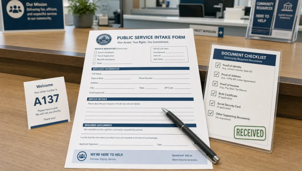 A public service form with a pen and checklist shows how civic participation shapes everyday government services.