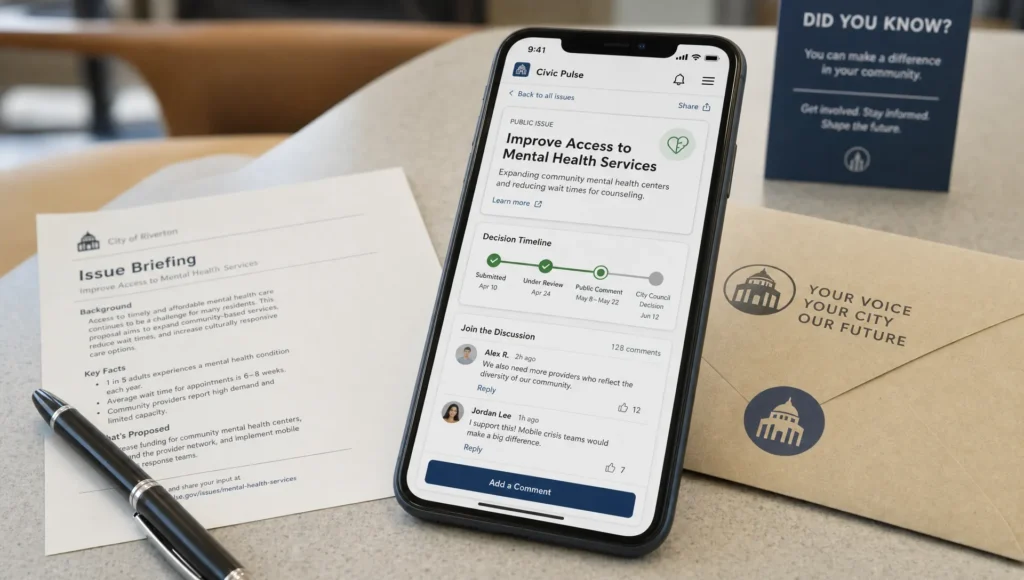 A smartphone shows a public issue timeline beside a briefing sheet and pen, illustrating civic participation as an everyday duty.