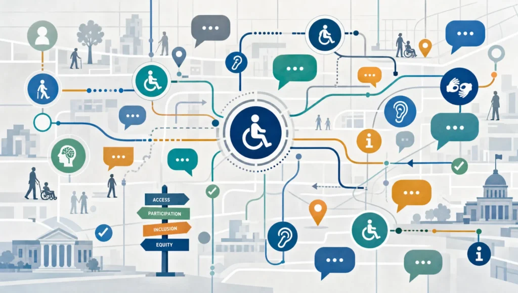 Accessibility symbols, route lines, speech bubbles, and decision markers form an abstract map of disability policy participation.