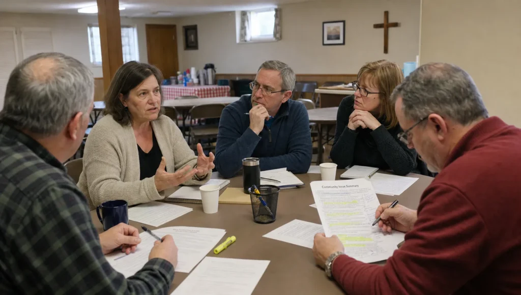 Adult neighbors discuss a local issue in a church basement with printed summaries spread across the table.