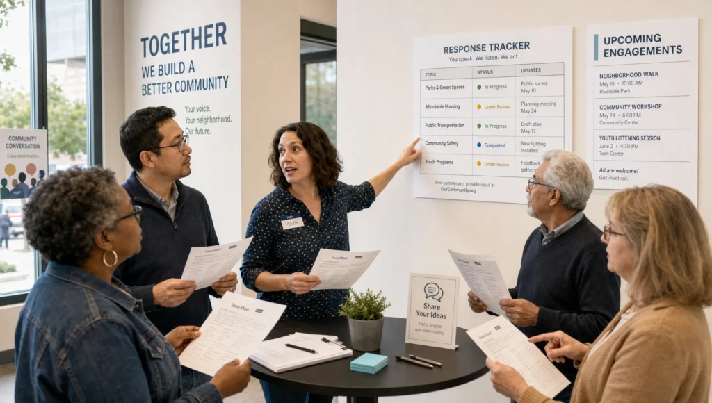 Adult neighbors discuss an issue sheet in a community center, showing deliberative democracy in action.