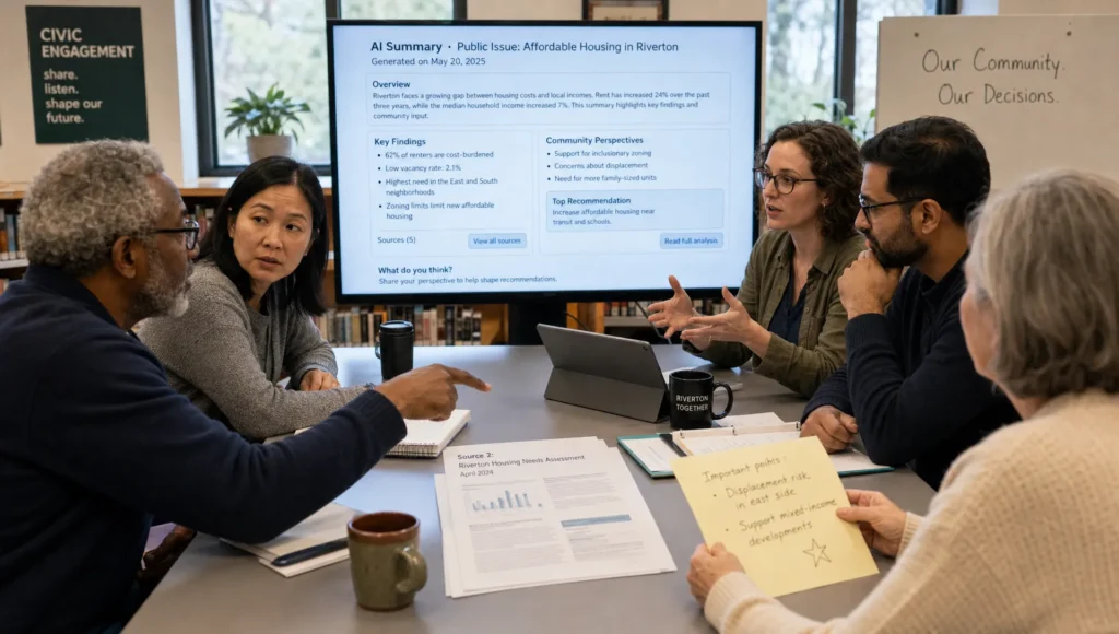 Adult residents and a facilitator discuss an AI summary and source documents in a civic meeting about a public issue.