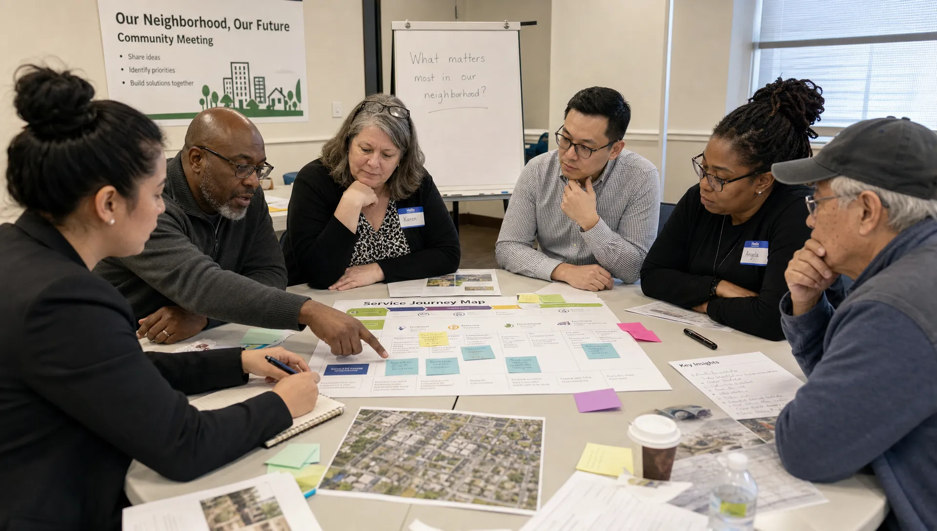 Adult residents and public servants review service journey maps, notes, and neighborhood documents around a community table.