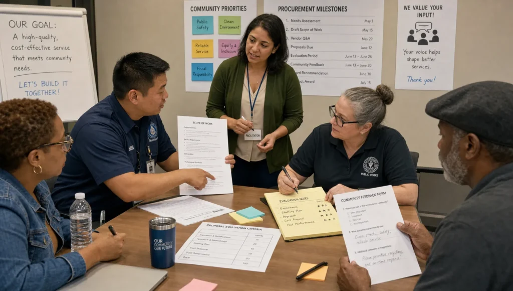 Adult residents, frontline workers, and procurement officers discuss a public service contract around a table.