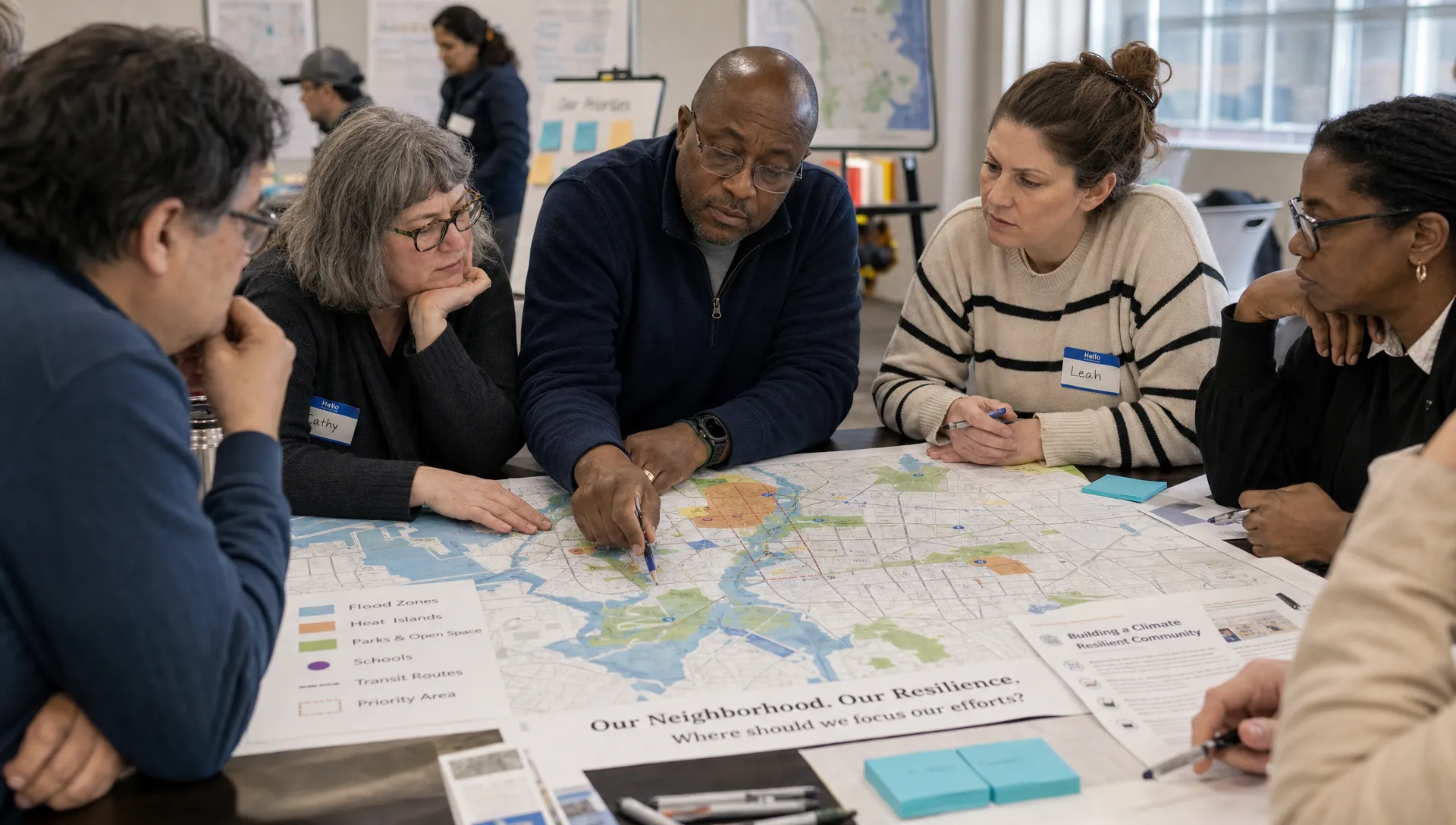 Adult residents gather around a city map of flood zones, heat islands, parks, schools and transit routes to mark climate adaptation priorities.