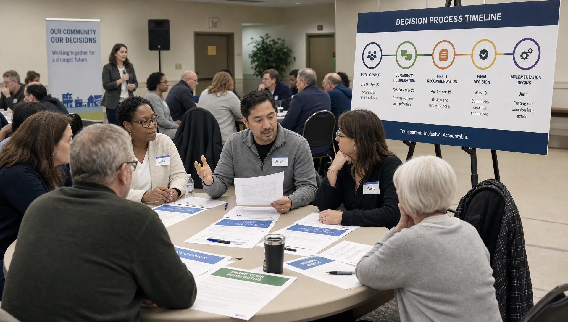 Adult residents gather in a community hall with printed issue sheets and a visible decision timeline board, reflecting deliberative democracy and public accountability.