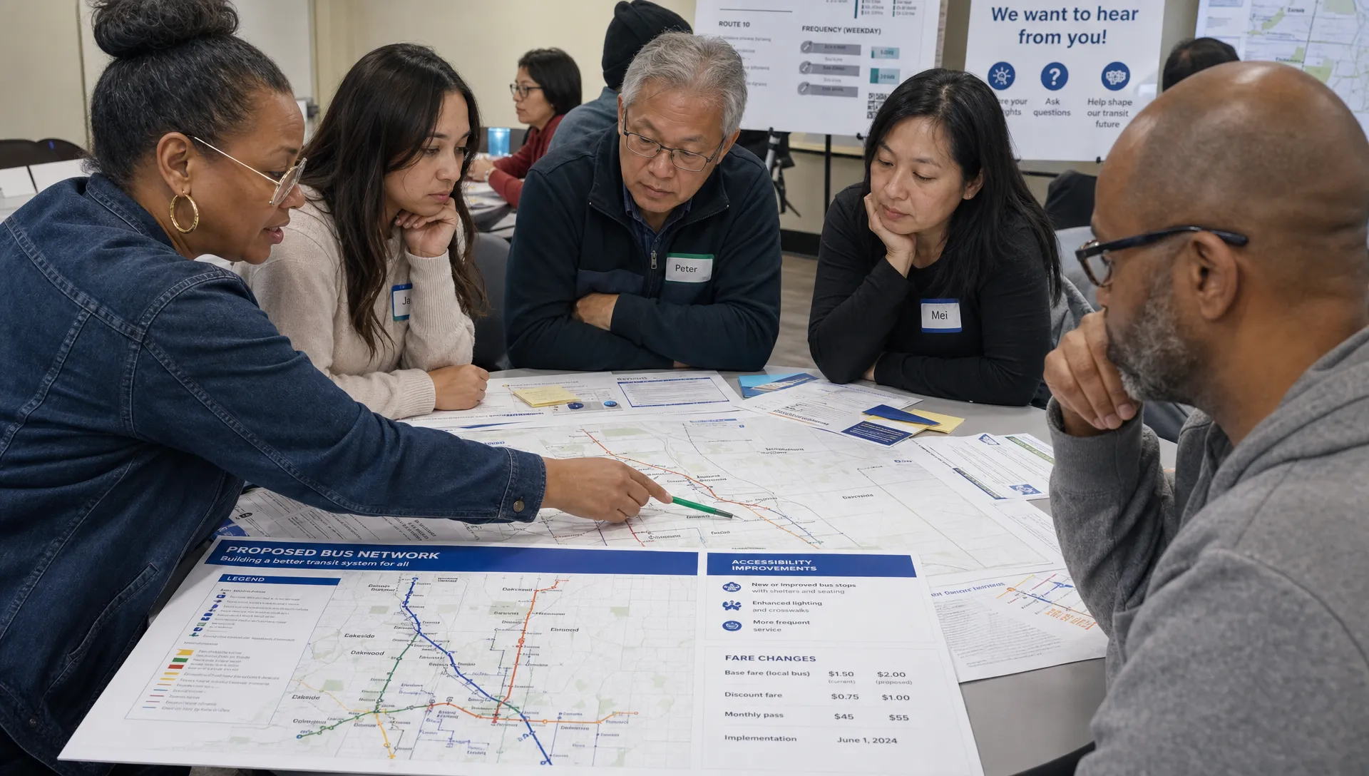 Adult residents gathered around printed transit corridor maps, with bus routes, accessibility notes, and fare changes marked for discussion.